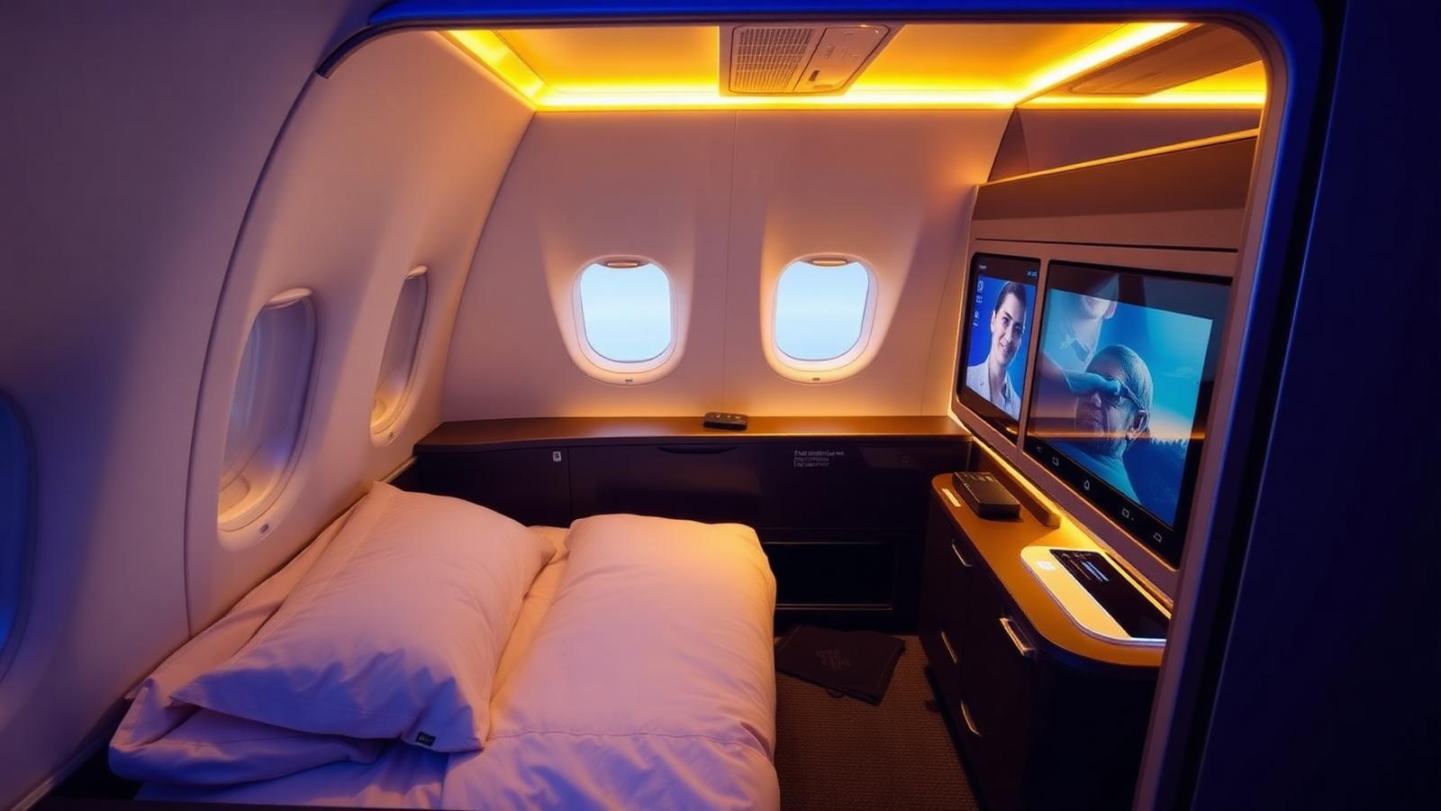 Lie-flat business class suite with bedding and a large screen, used on premium JFK to LAX service
