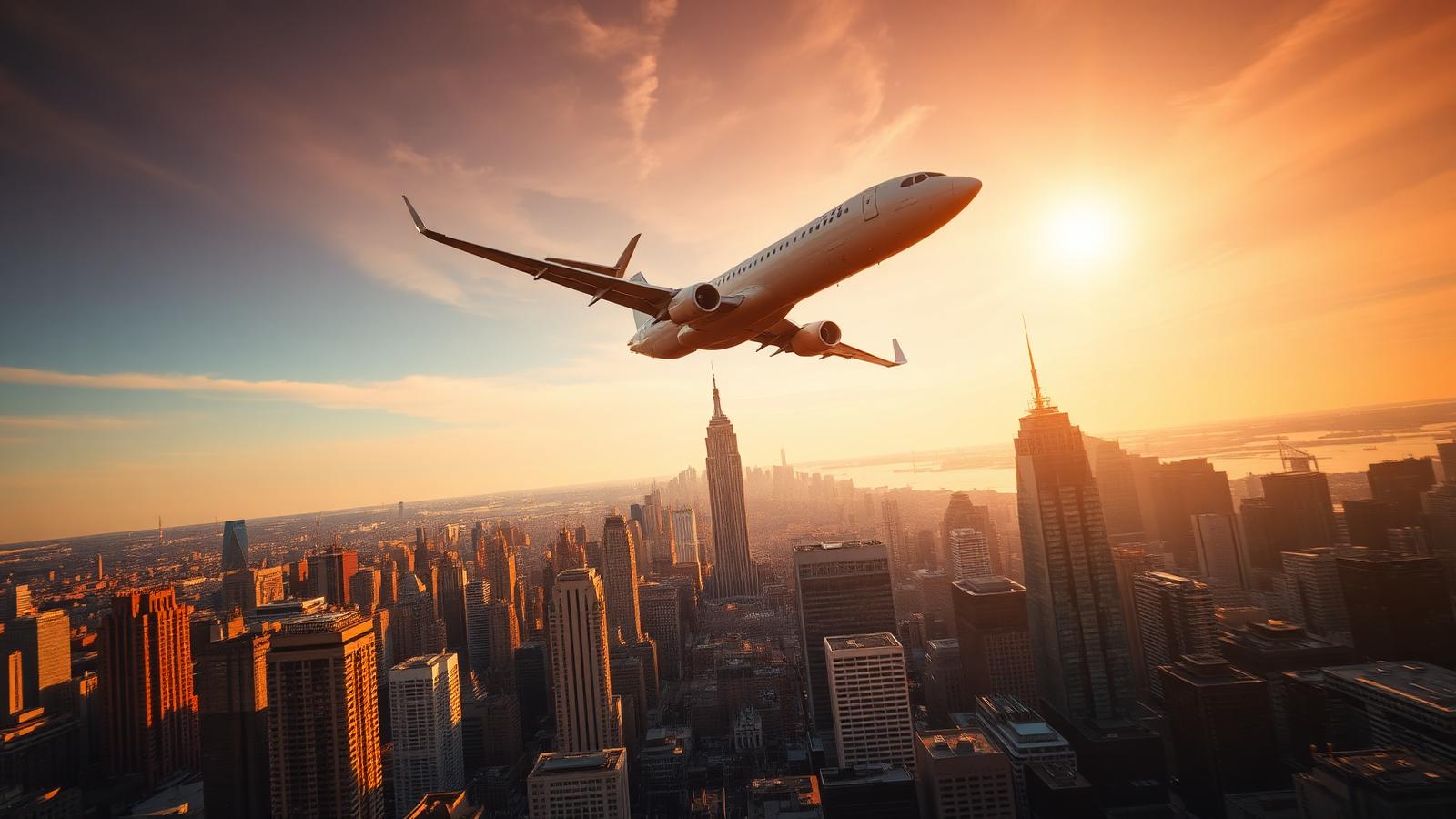 Jet climbing out over the New York City skyline at sunset en route to Los Angeles