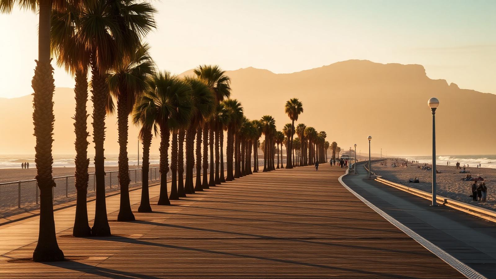 Palm-lined Los Angeles beach boardwalk in quiet autumn light, the cheapest season for JFK to LAX flights