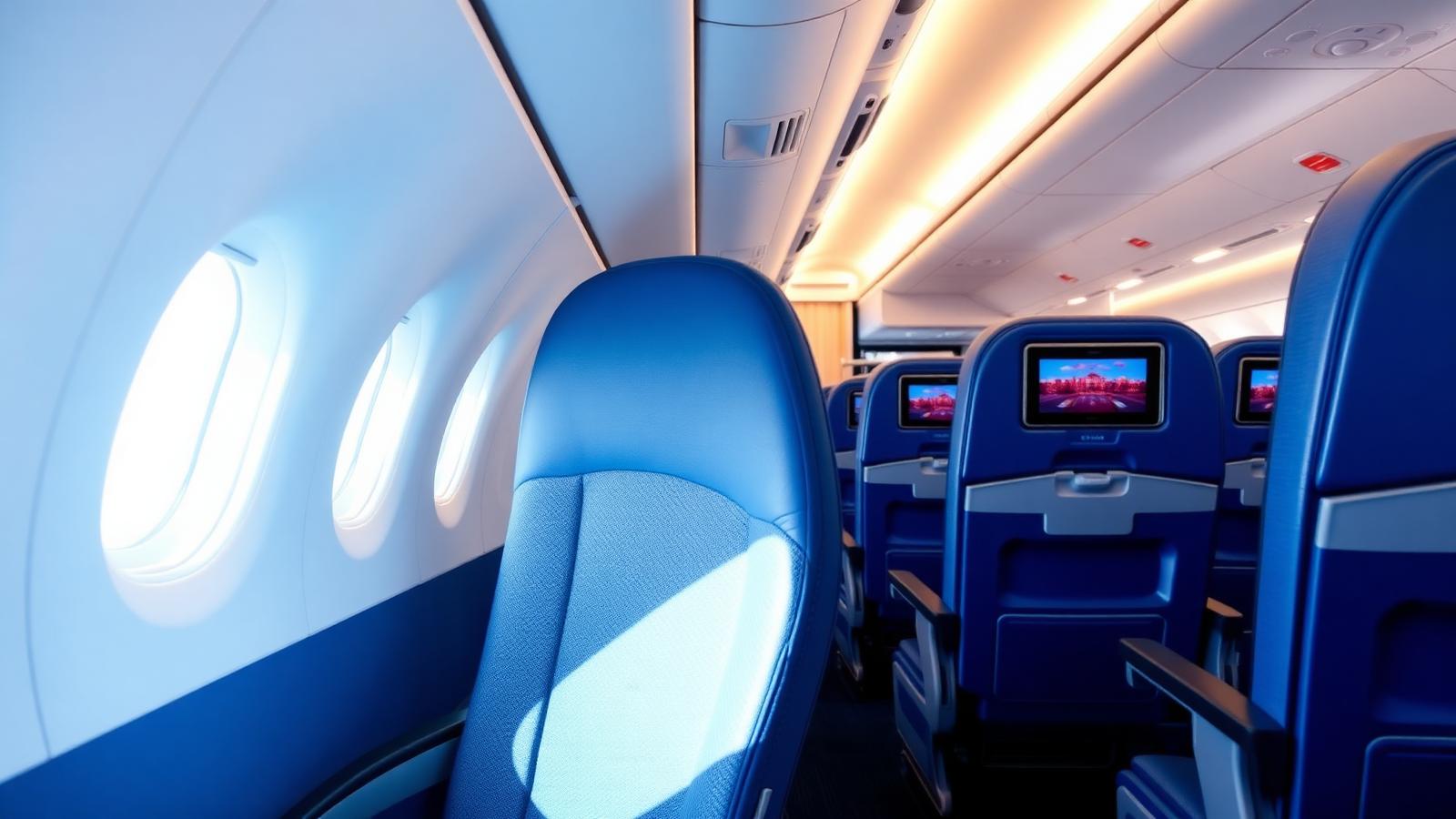 Wide-body economy cabin with blue seats and seatback screens on a JFK to LAX transcontinental flight