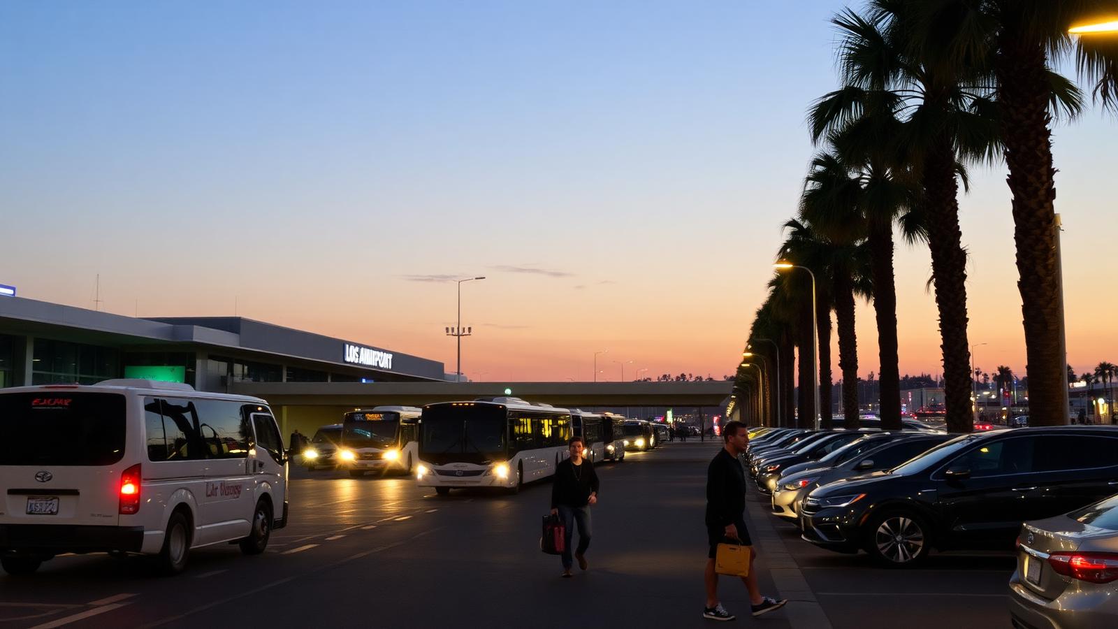 Los Angeles International Airport terminal curbside at dusk with shuttle buses, rideshare cars and travelers
