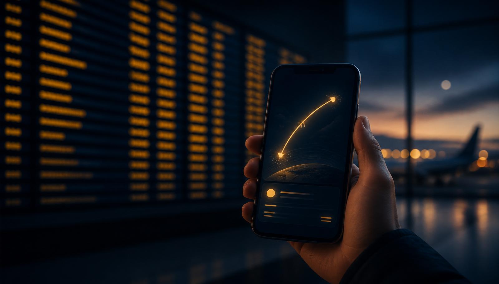 Airport departures board glowing amber with a phone showing a real-time flight status card in the foreground