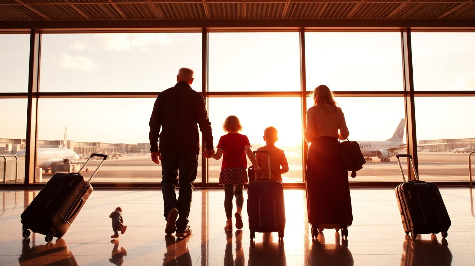 Family at an airport terminal walking toward parked airplanes — Preparation: The Golden Rule of Family Air Travel