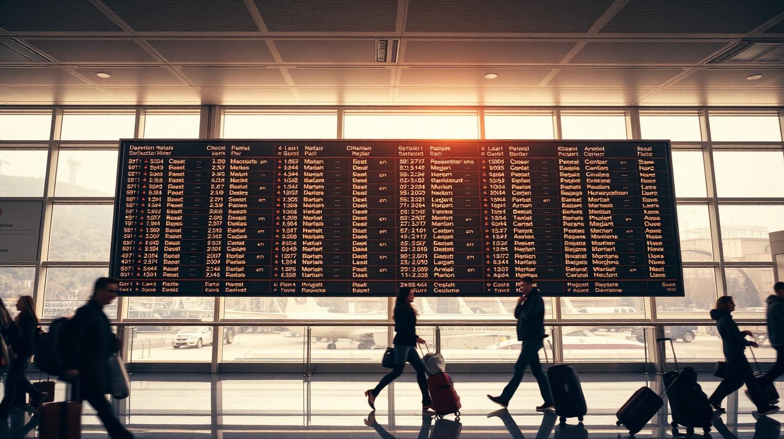 Airport departure board with flight times and destinations — Which travel days tend to be cheapest on this route