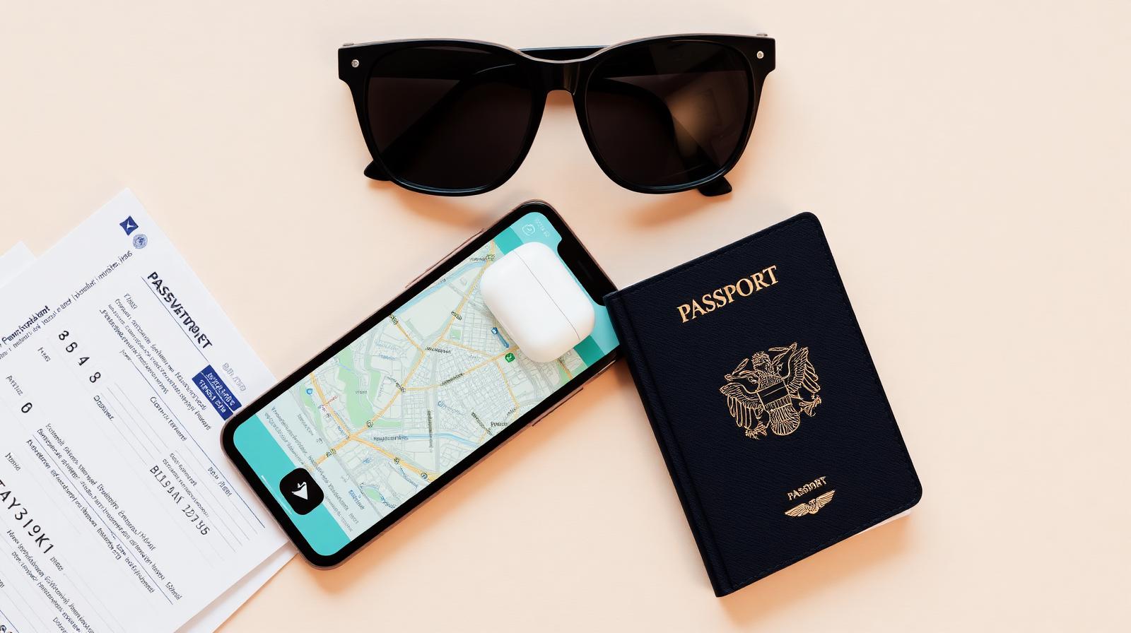 Passport, phone with map, sunglasses and boarding pass flatlay — Timing Your Flight Purchase vs. Your Flight Date